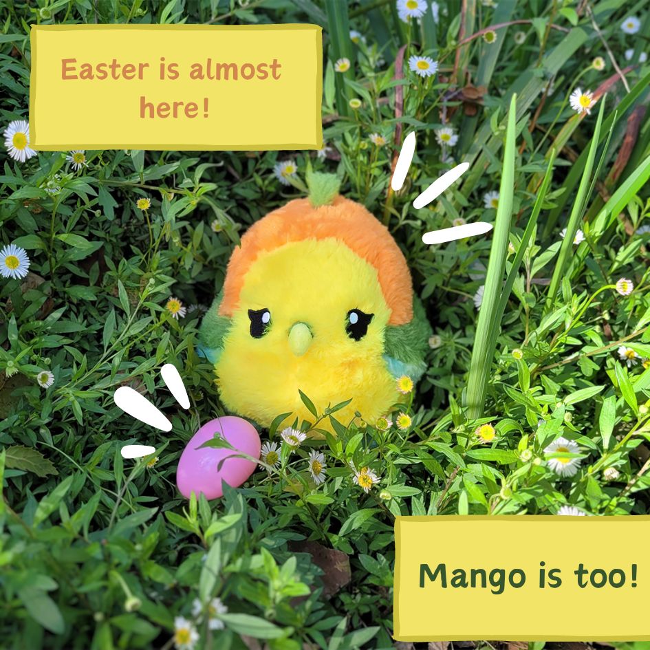 Mango Borb with an easter egg in the grass